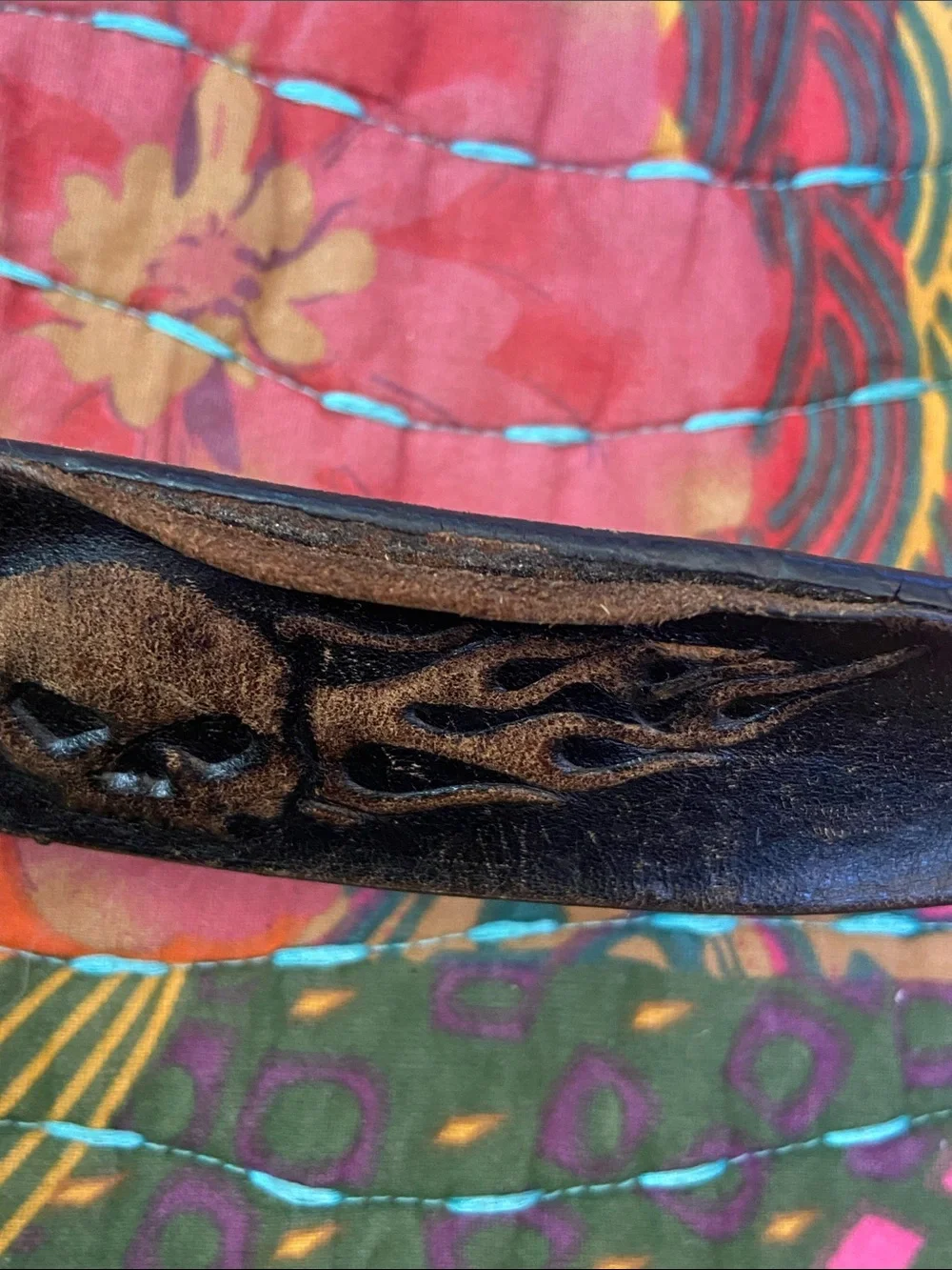 Harley-Davidson Black Leather Belt with Flaming Skull Embossed Detail 40w